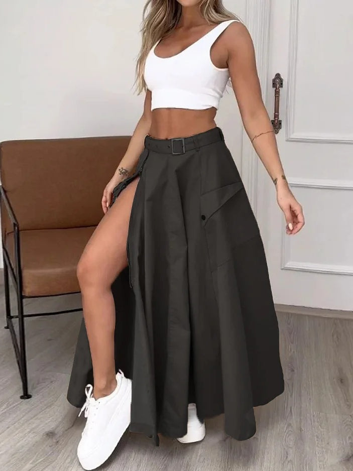 Ladies Set Summer Sleeveless Solid Color Slit Two Piece