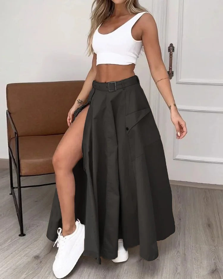 Ladies Set Summer Sleeveless Solid Color Slit Two Piece