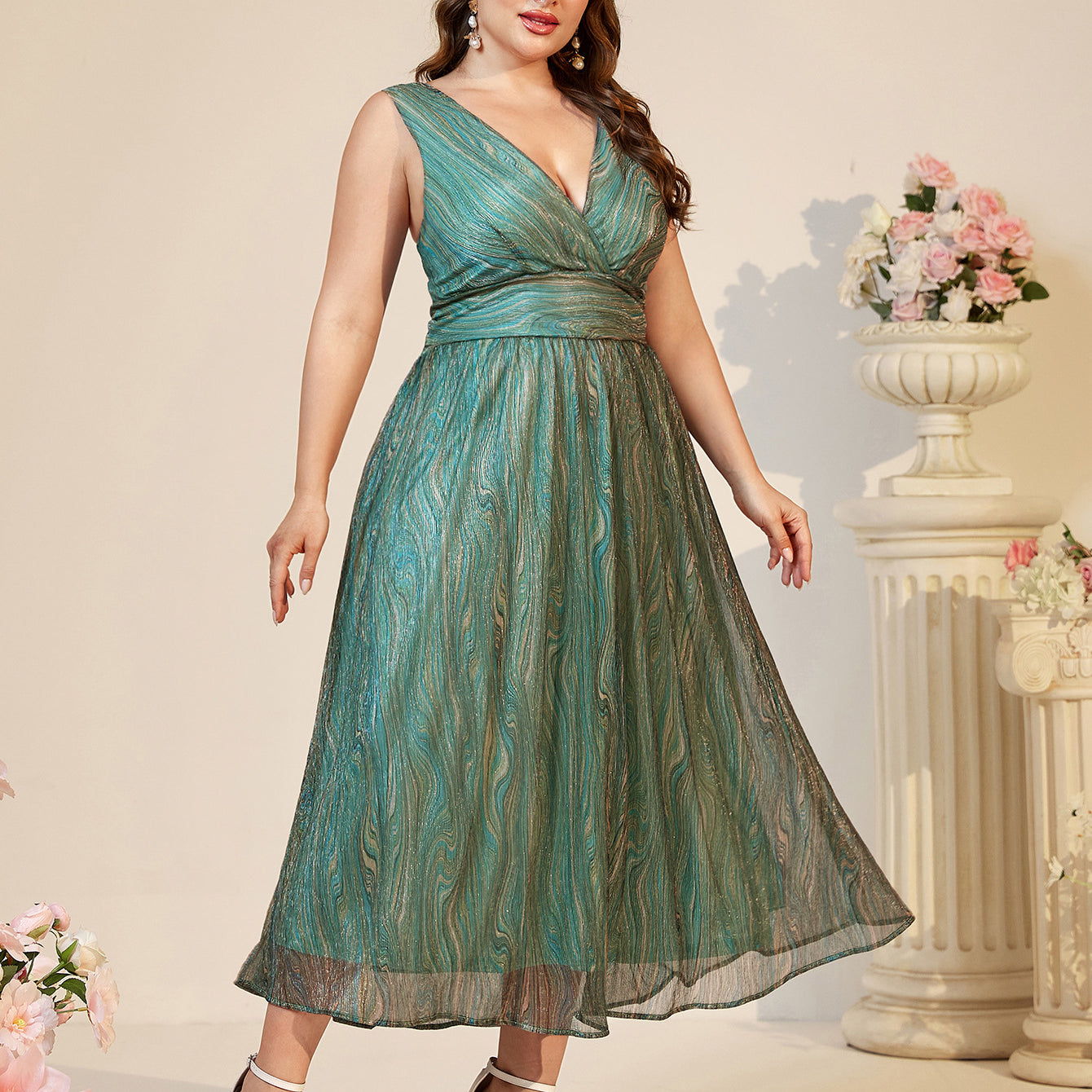 Beautiful suspender maxi dress for plus-size women in green glitter mesh V-neck sleeveless style