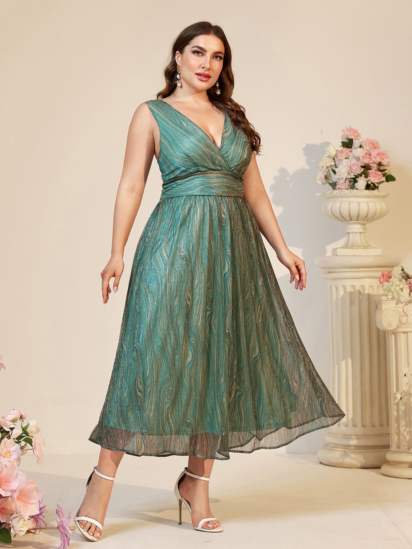 Beautiful suspender maxi dress for plus-size women in green glitter mesh V-neck sleeveless style