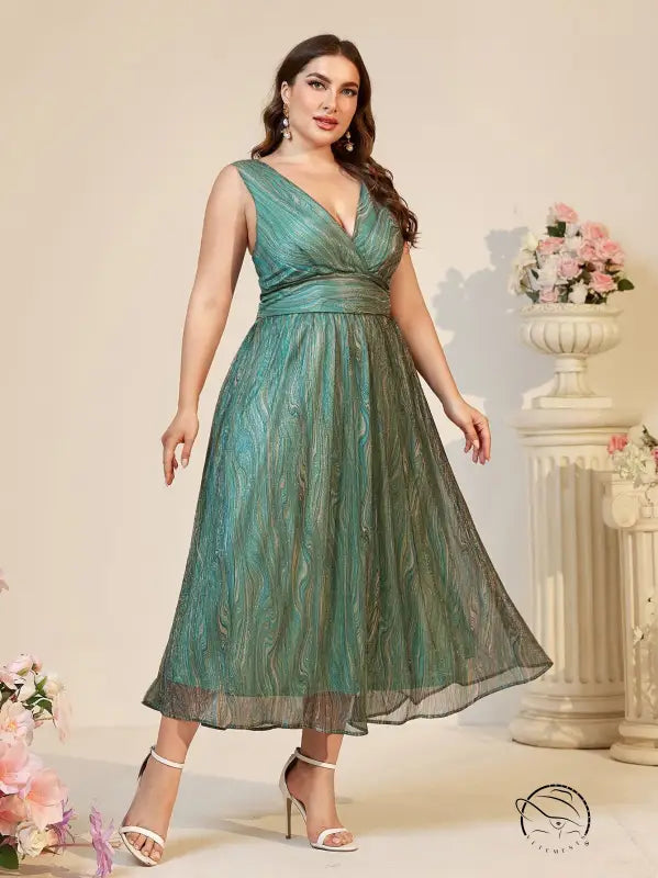 Beautiful suspender maxi dress: plus-size green glitter mesh V-neck sleeveless formal
