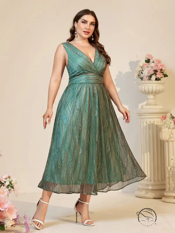 Beautiful suspender maxi dress: plus-size green glitter mesh V-neck sleeveless formal