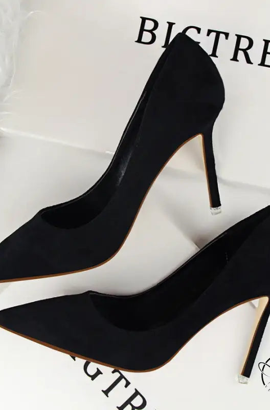 Simple stiletto black patent leather pointed toe high heel pumps by Langry Fashion