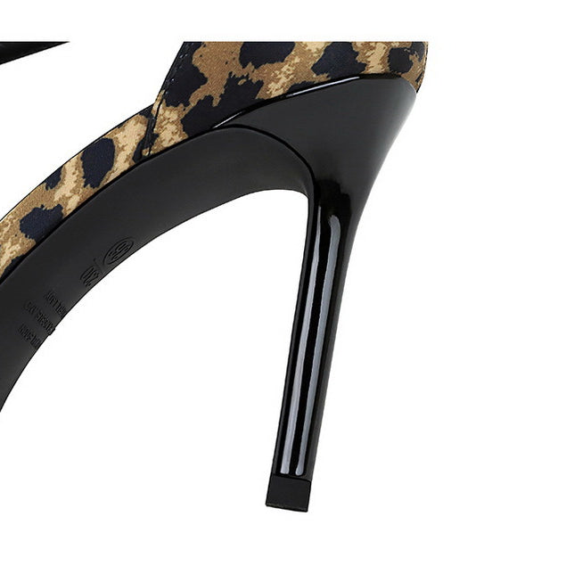 Langry fashion leopard print square high heel sandal with black patent leather strap