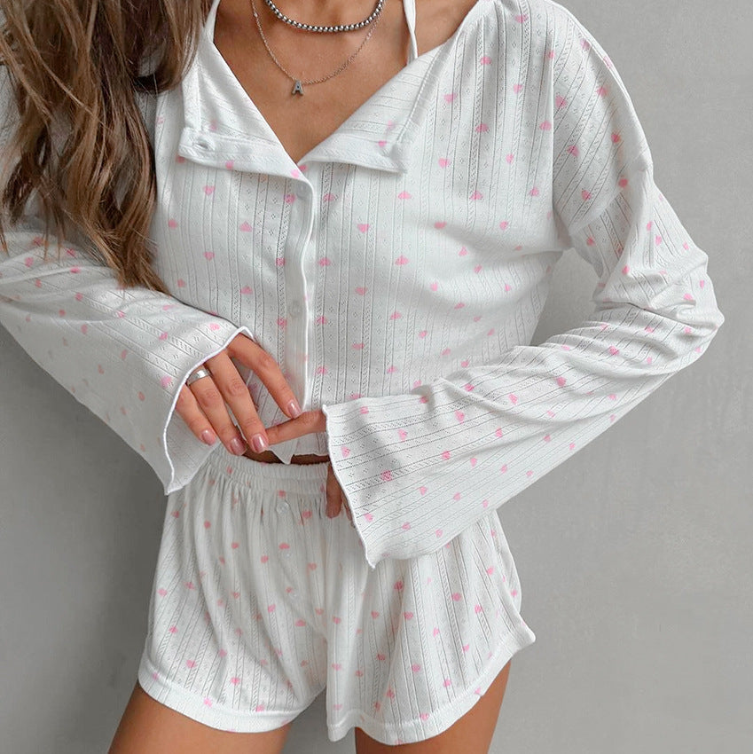 White knitted pajamas three piece set with pink heart print for comfortable sleep wear