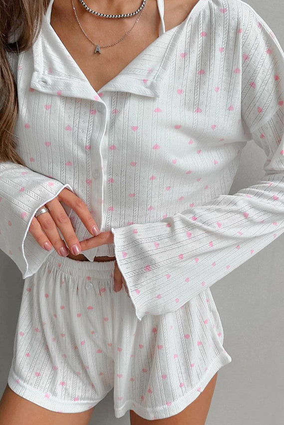 White knitted pajamas three piece set with pink heart print for comfortable sleep wear