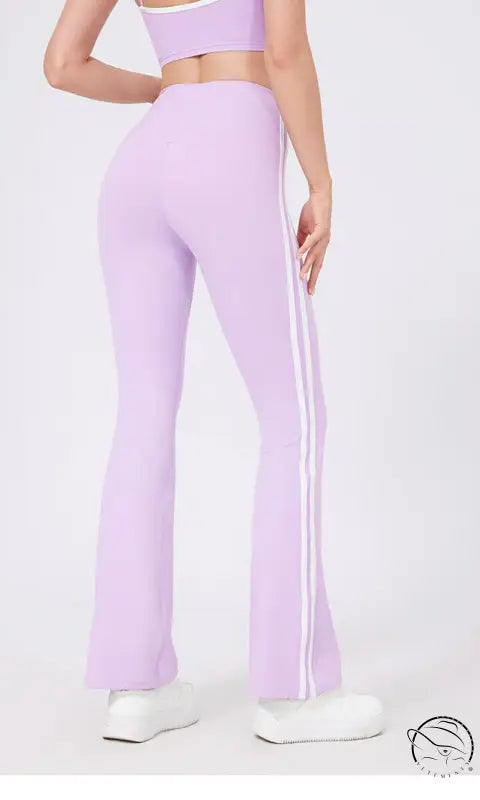 Lilac high waist yoga pants with white stripes and peach hip raise