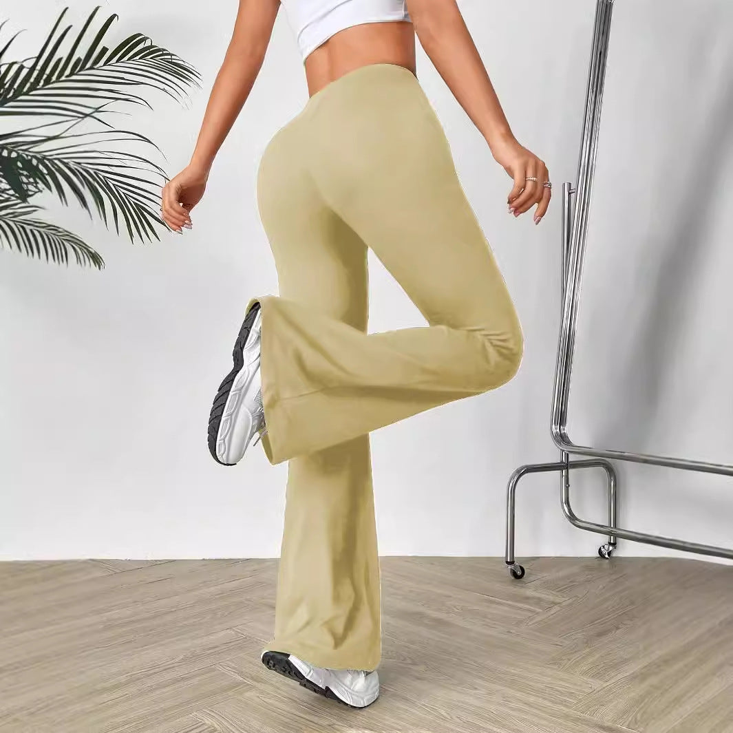 Women’s high-waisted flared yoga pants in light tan featuring V Shaped Waist Slimming Bootcut Trousers