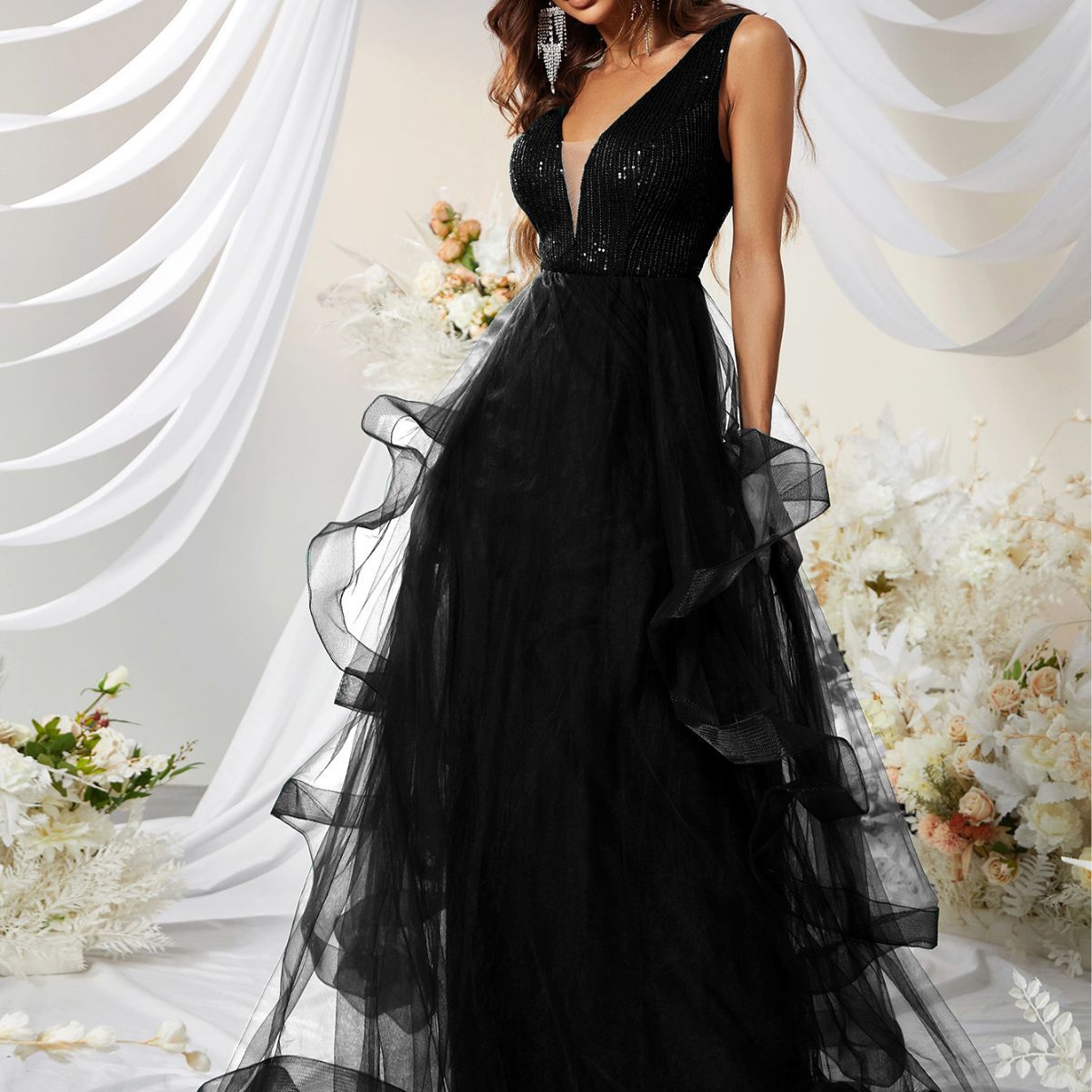 Sequined Dress Sleeveless v Neck Stitching Mesh Graduation Season Evening Gown Senior Maxi