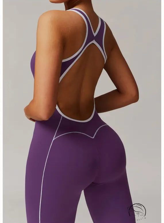 Purple langry yoga jumpsuit with open back and hip-lifting pleats