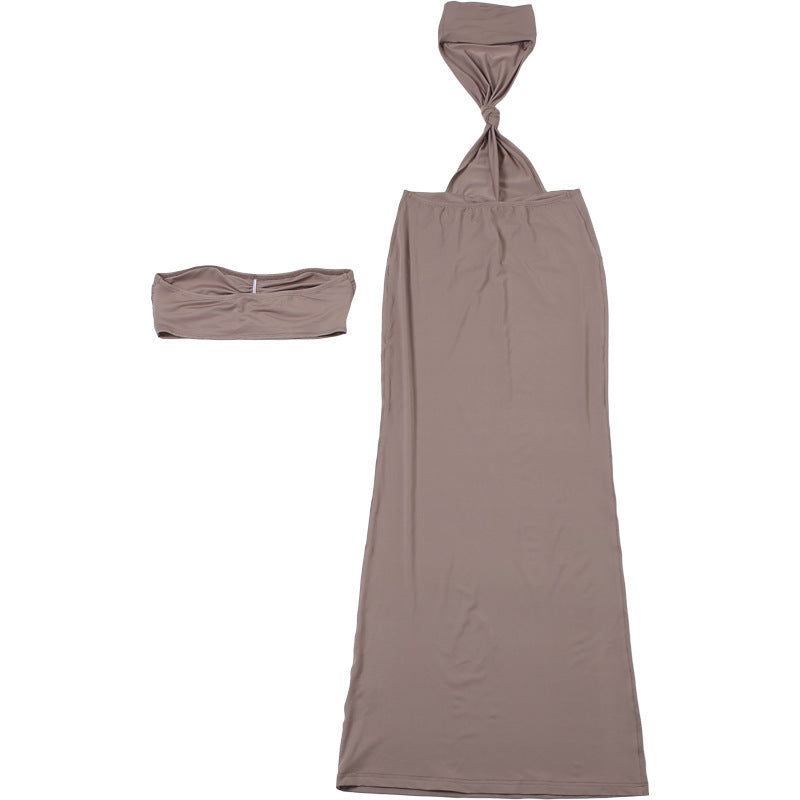 Taupe two-piece swimsuit from Summer Women Elegant Backless Tube Top Halter Pleated fashion collection