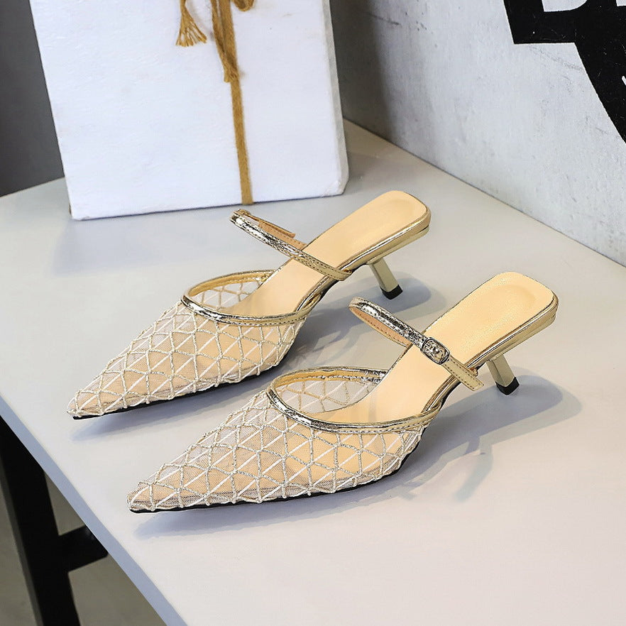 Langry gold mesh lace pointed toe stiletto mule sandal with ankle strap