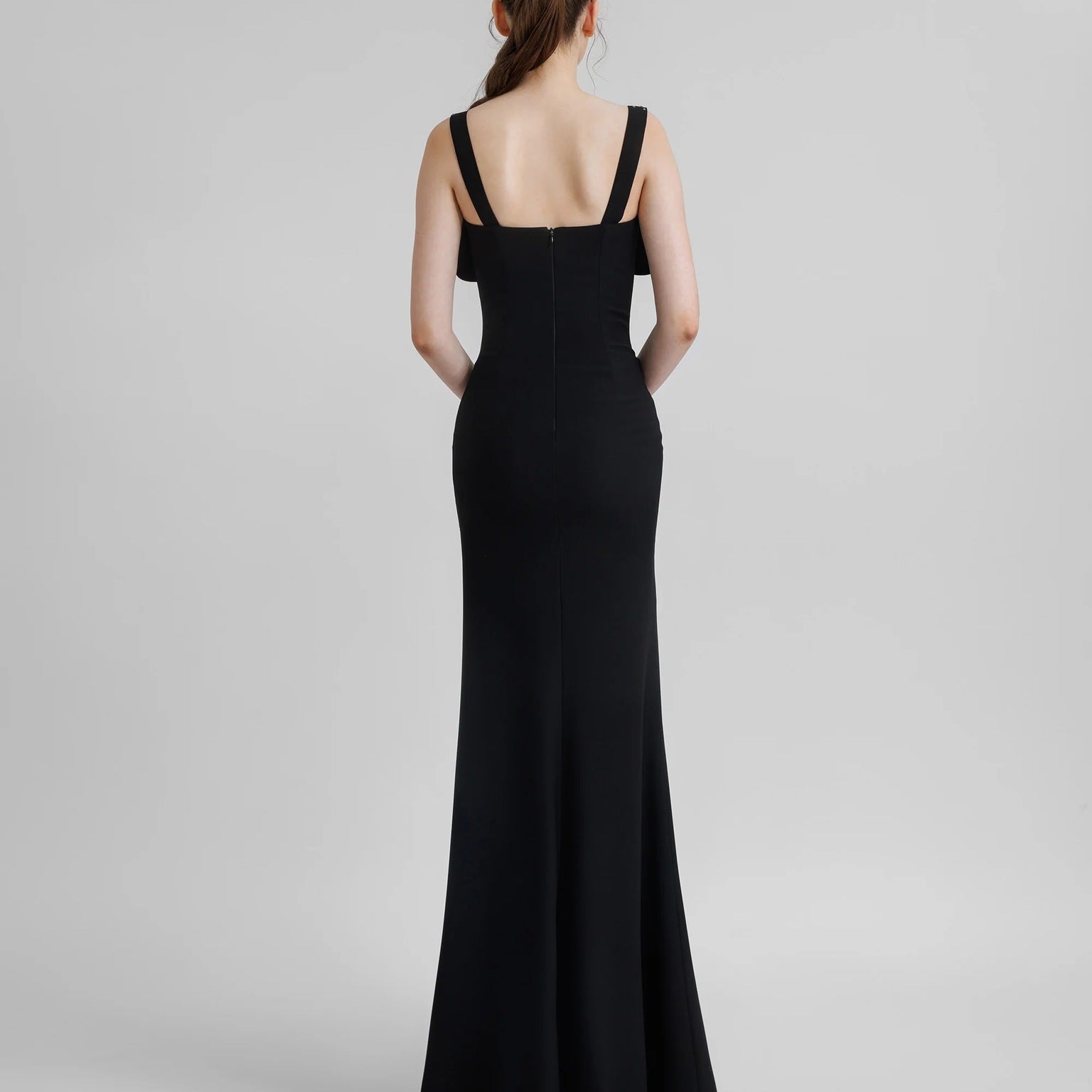 Elegant Black Rhinestone Maxi Dress featuring thick straps and a fitted silhouette