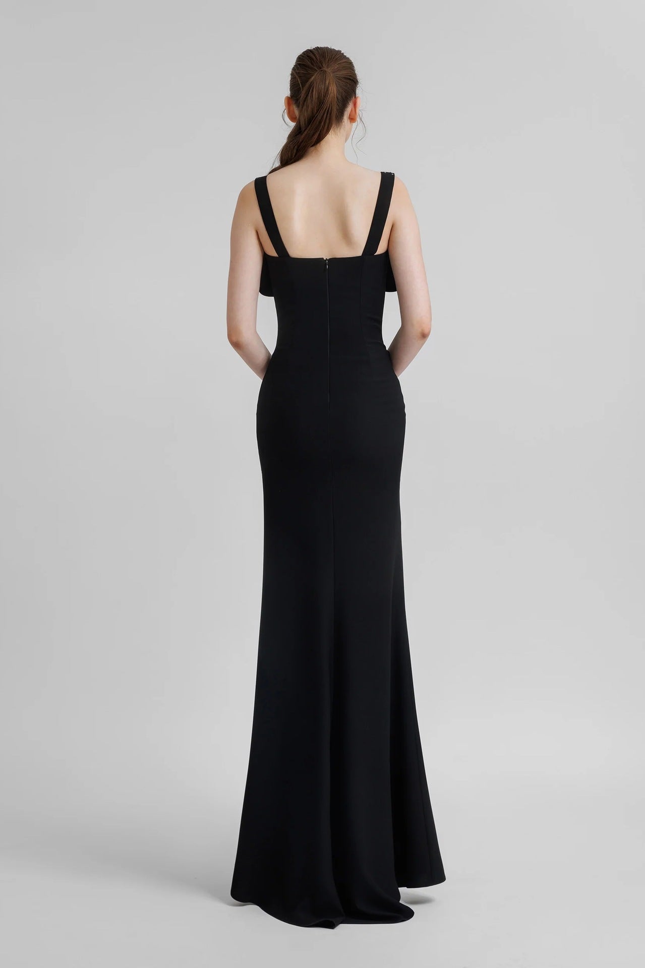 Elegant Black Rhinestone Maxi Dress featuring thick straps and a fitted silhouette