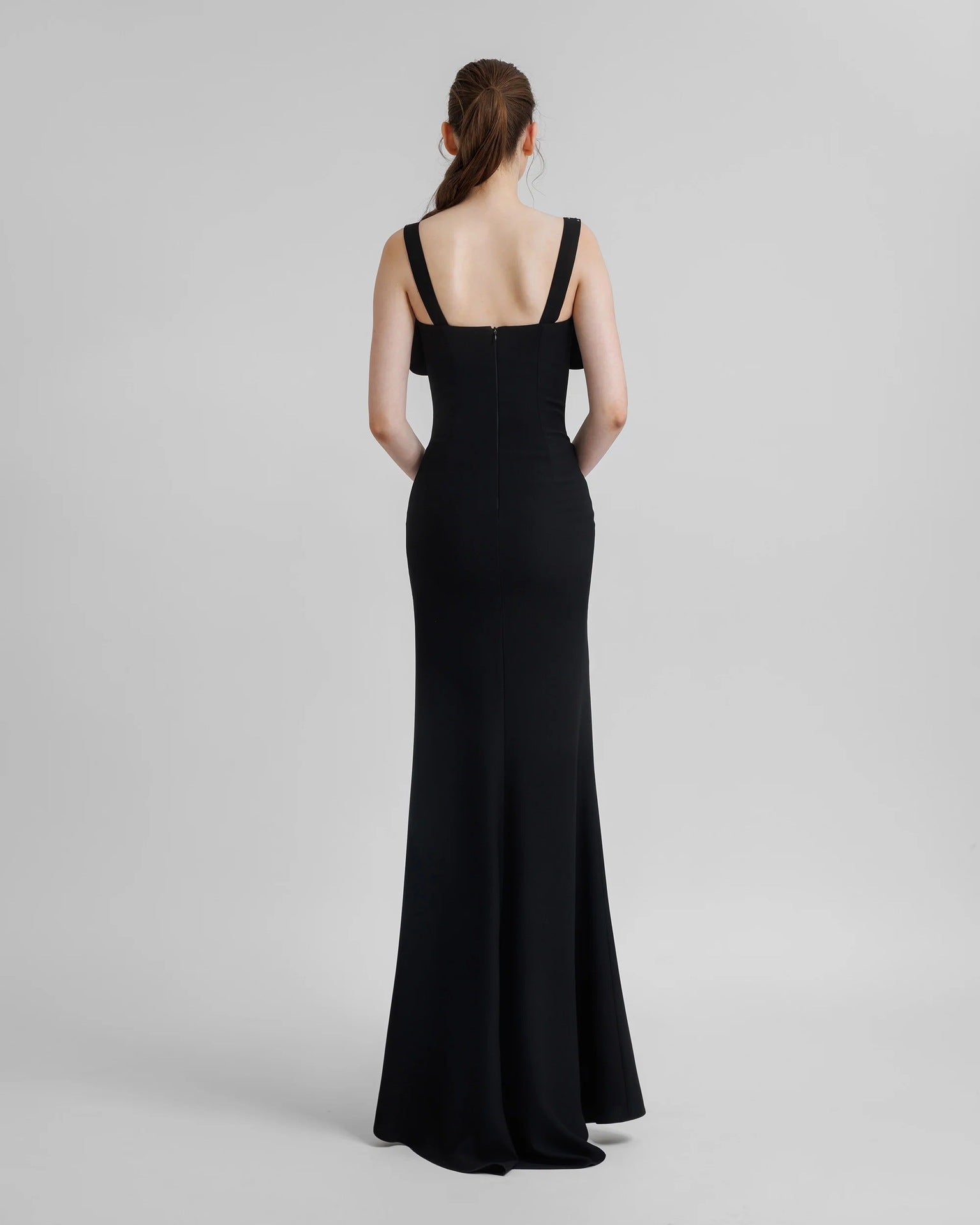 Elegant Black Rhinestone Maxi Dress featuring thick straps and a fitted silhouette