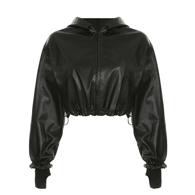 Black faux leather cropped hoodie featured in Loose Zipper Leather Jacket for stylish layering