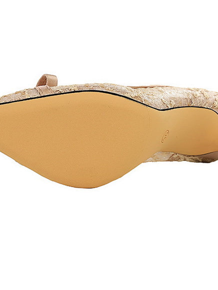 Cocktail High Heel Women Shoes Bow Sequined Lace Mesh Pointed Shallow Mouth Stiletto