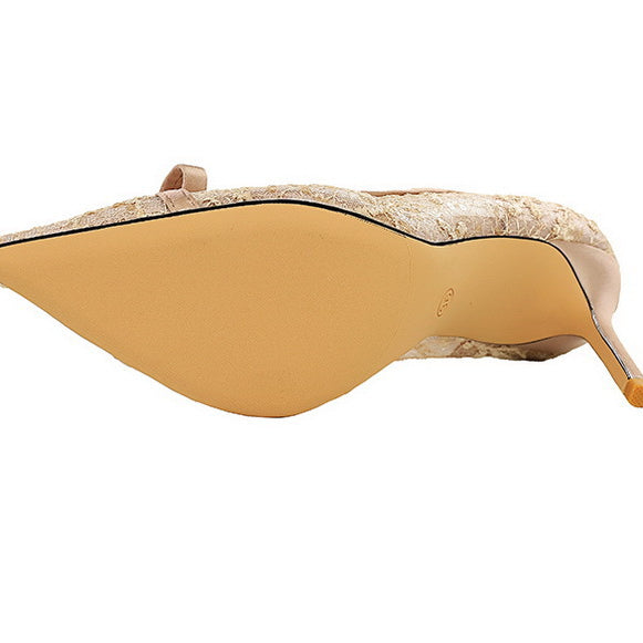 Cocktail High Heel Women Shoes Bow Sequined Lace Mesh Pointed Shallow Mouth Stiletto