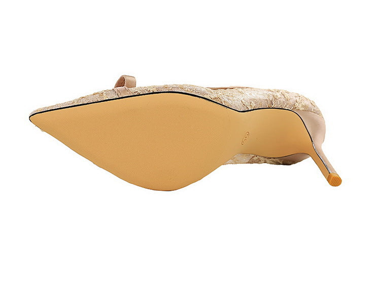 Cocktail High Heel Women Shoes Bow Sequined Lace Mesh Pointed Shallow Mouth Stiletto