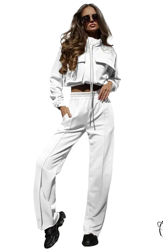Woman in elegant Vetements suit with long sleeve white tracksuit