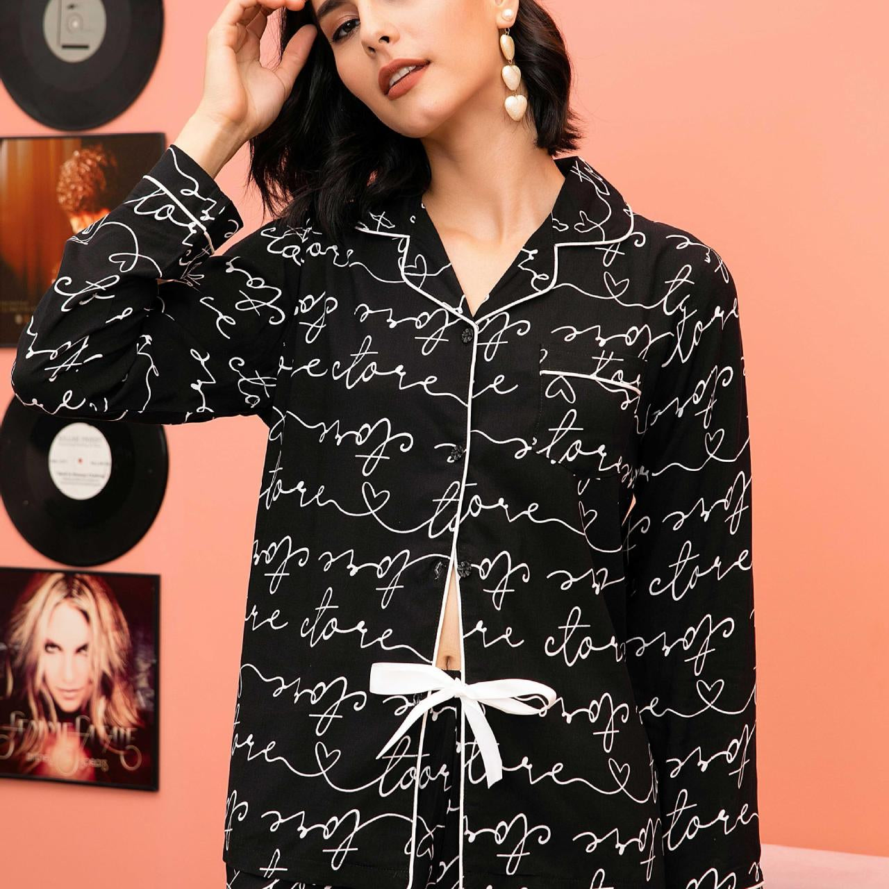 Langry fashion black and white love print pajama top with pearl buttons