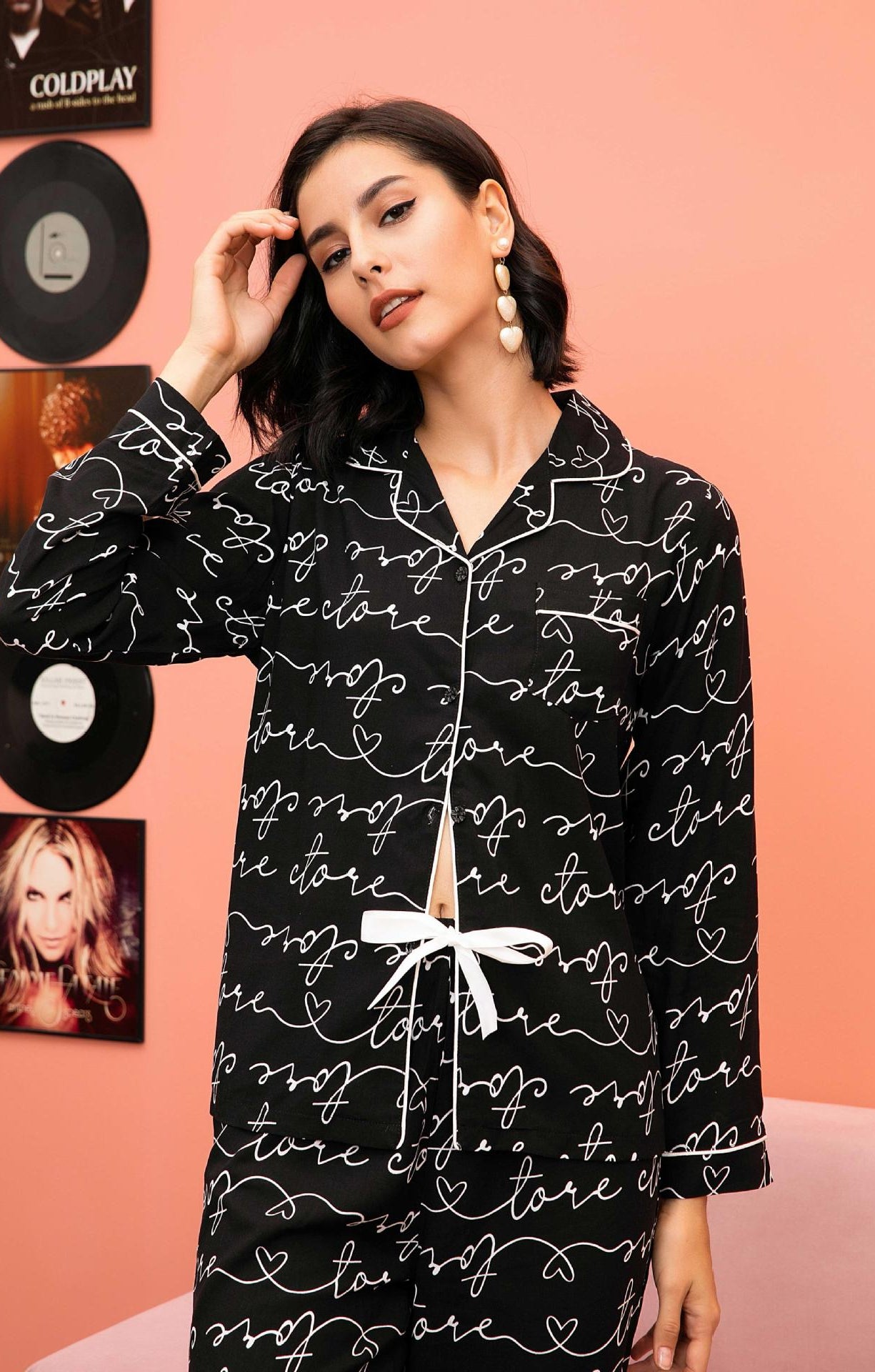 Langry fashion black and white love print pajama top with pearl buttons