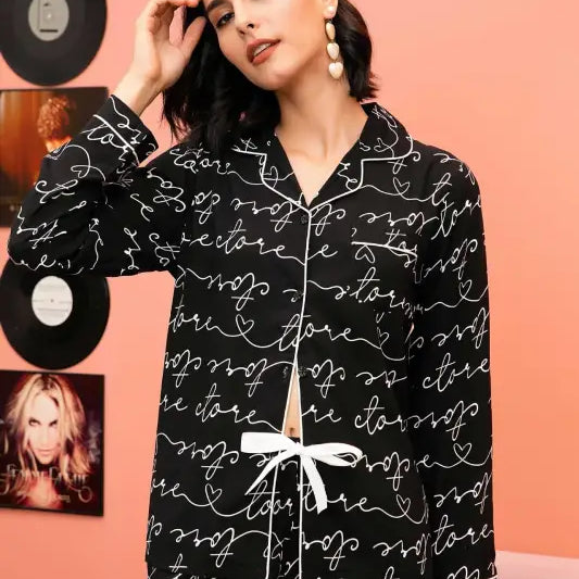 Langry black and white love print pajama top with pearl buttons