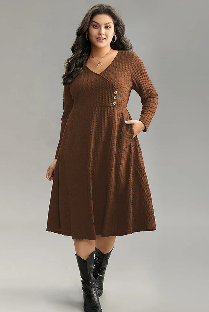 Women’s brown long-sleeved V-neck midi dress with decorative buttons and pockets, perfect match office dress