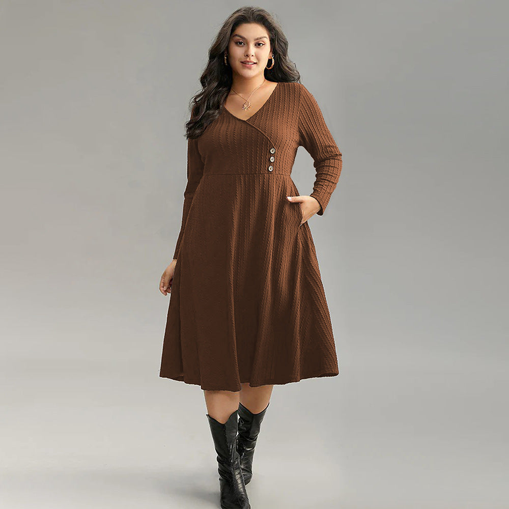 Women’s brown long-sleeved V-neck midi dress with decorative buttons and pockets, perfect match office dress