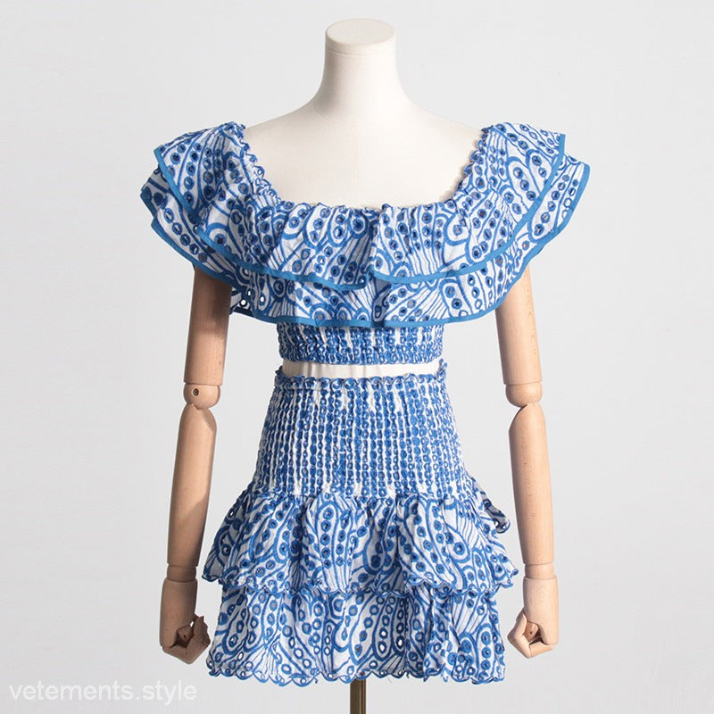 Blue and white embroidered summer French suit featuring a stylish high waist design