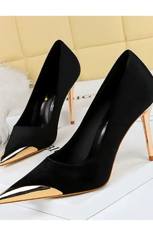Langry fashion black suede pumps with gold pointed toe caps and stiletto heels