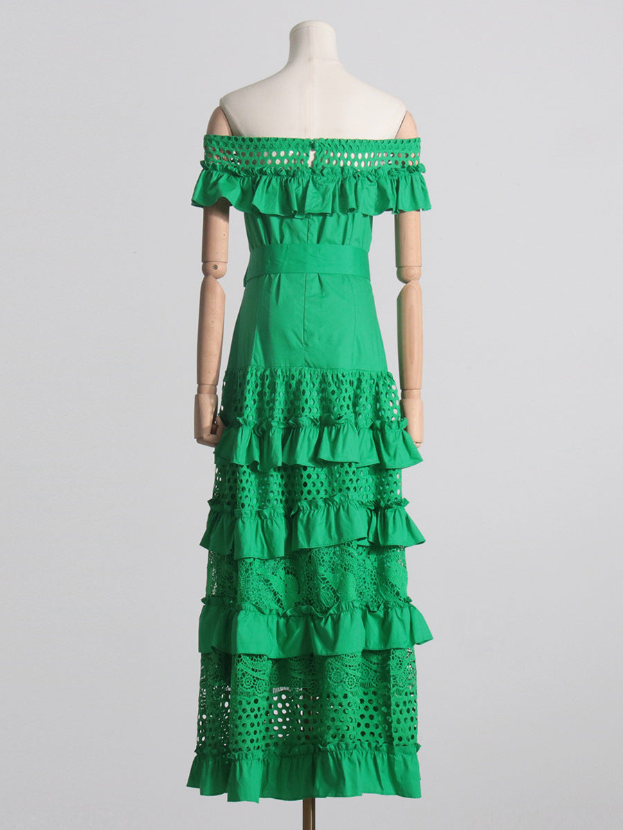 Green off-the-shoulder ruffled maxi dress showcasing elegant langry fashion and ملابس style