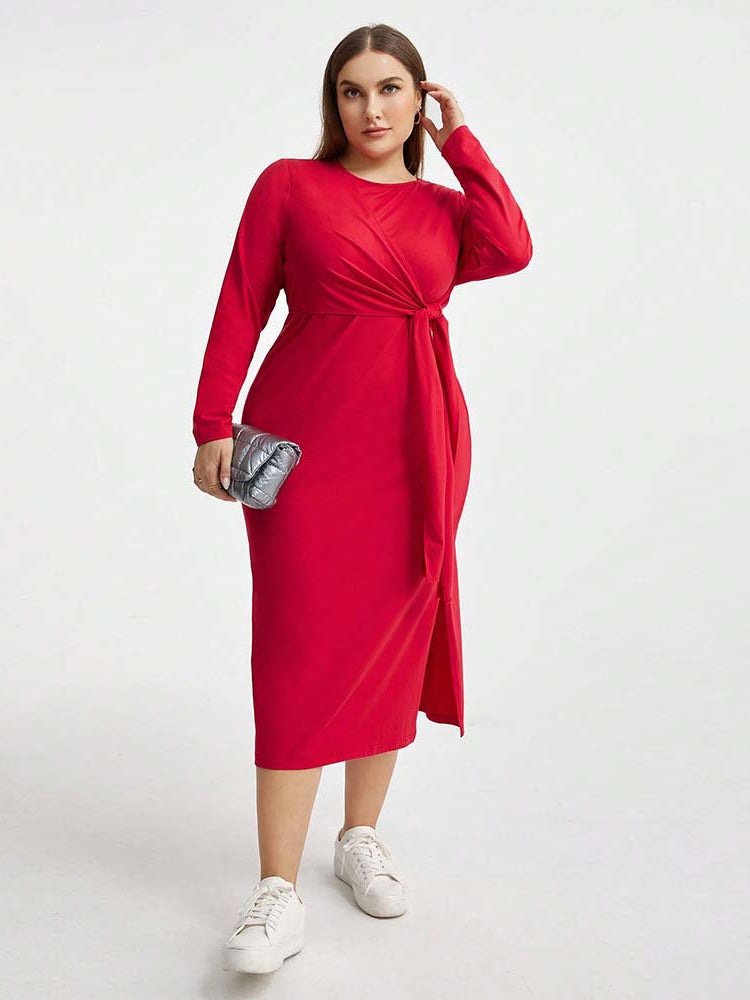 Elegant high waist lace up sheath dress in red long-sleeved midi style for fashionable ملابس