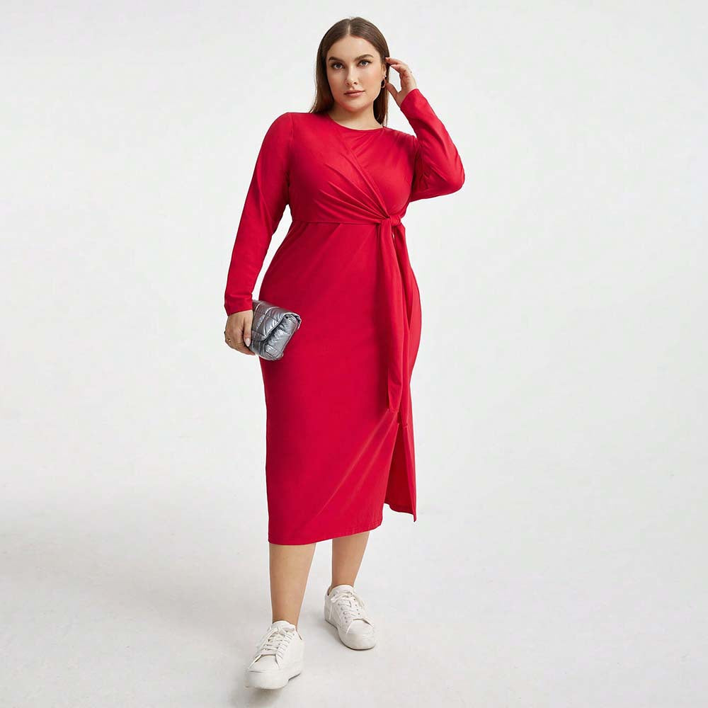 Elegant high waist lace up sheath dress in red long-sleeved midi style for fashionable ملابس