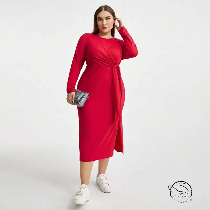 Elegant high waist lace up red long-sleeved midi dress with tie
