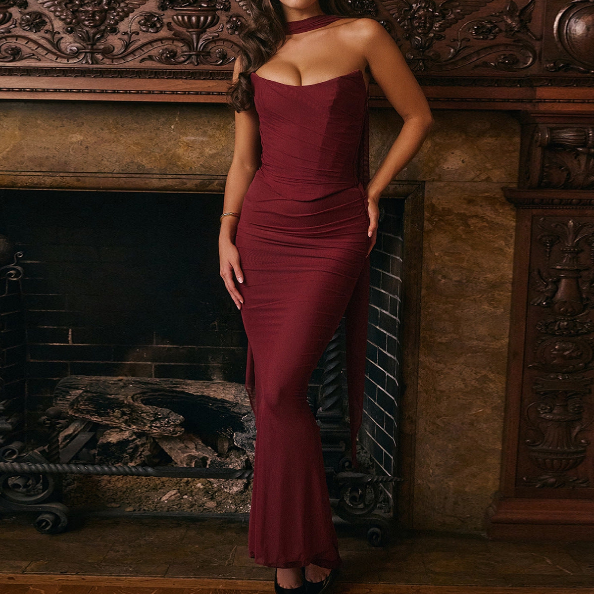 Burgundy one-shoulder fitted gown from High Grade Skinny Sheath Skirt Set, elegant fashion style