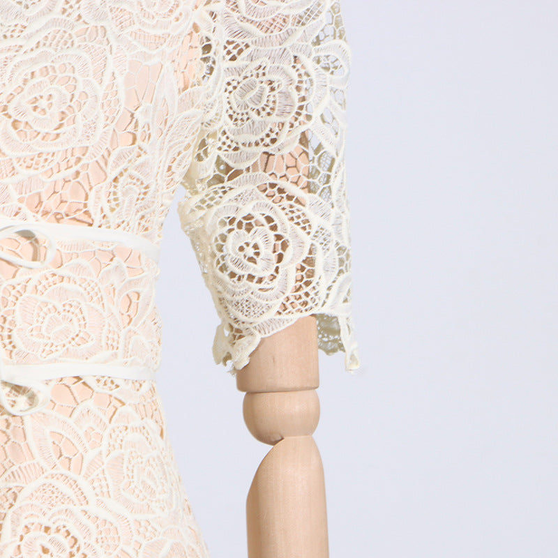 Delicate white lace short sleeve with floral patterns for French Elegant Dress