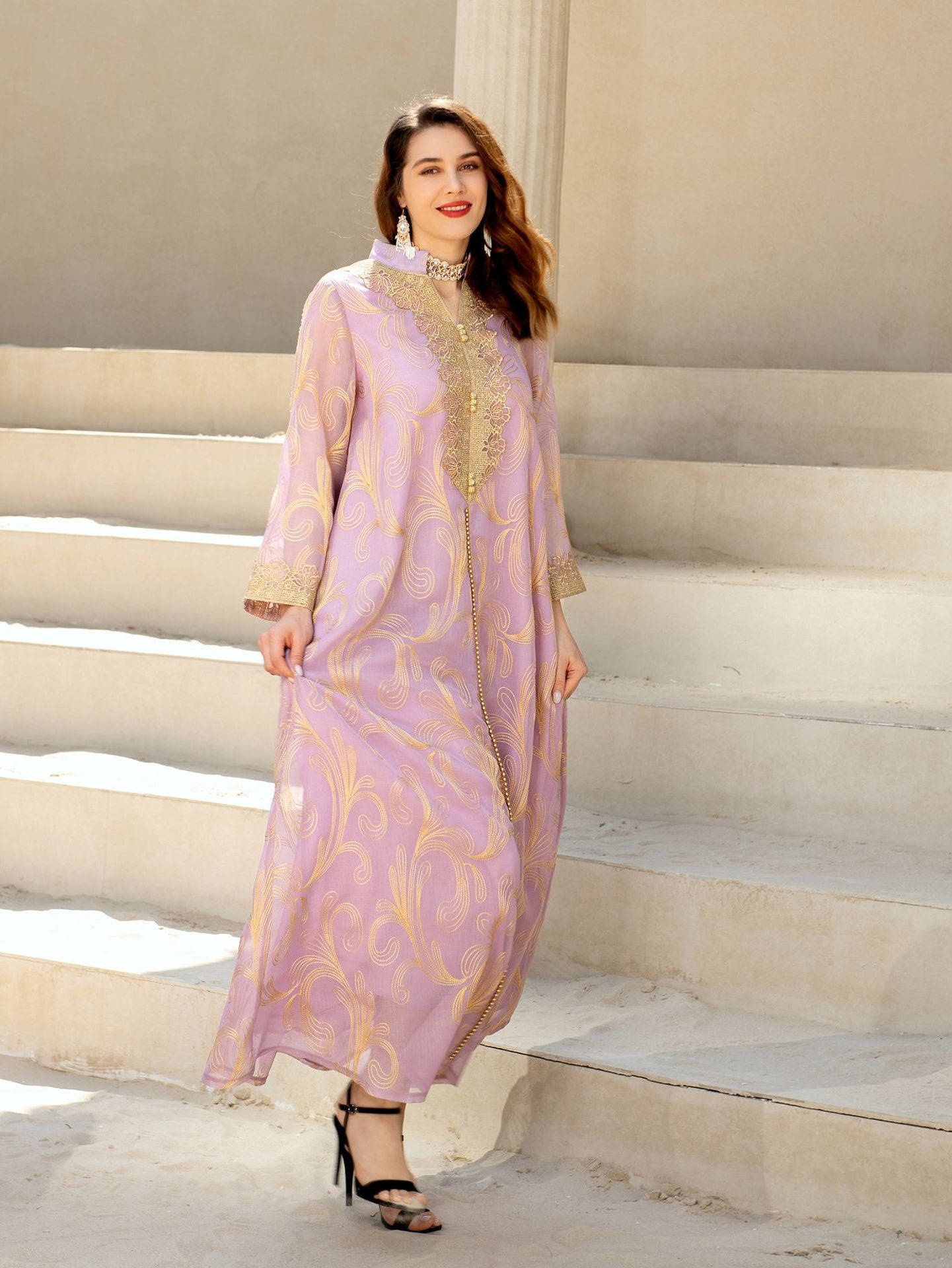 Lavender embroidered langry abaya with gold accents and heels