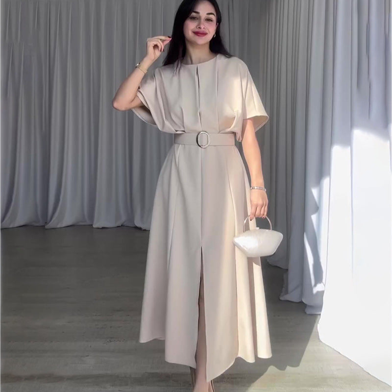 Beige belted midi dress from Belt Slim Fit Maxi Dress, perfect for elegant fashion looks