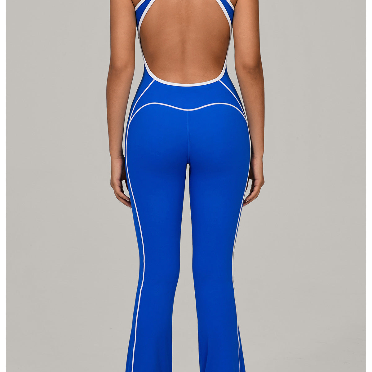 Royal blue and white striped Langry Beauty Back Yoga Jumpsuit with open back