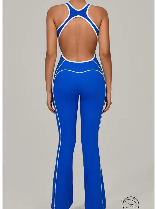 Royal blue and white striped Beauty Back Yoga Jumpsuit with open back design