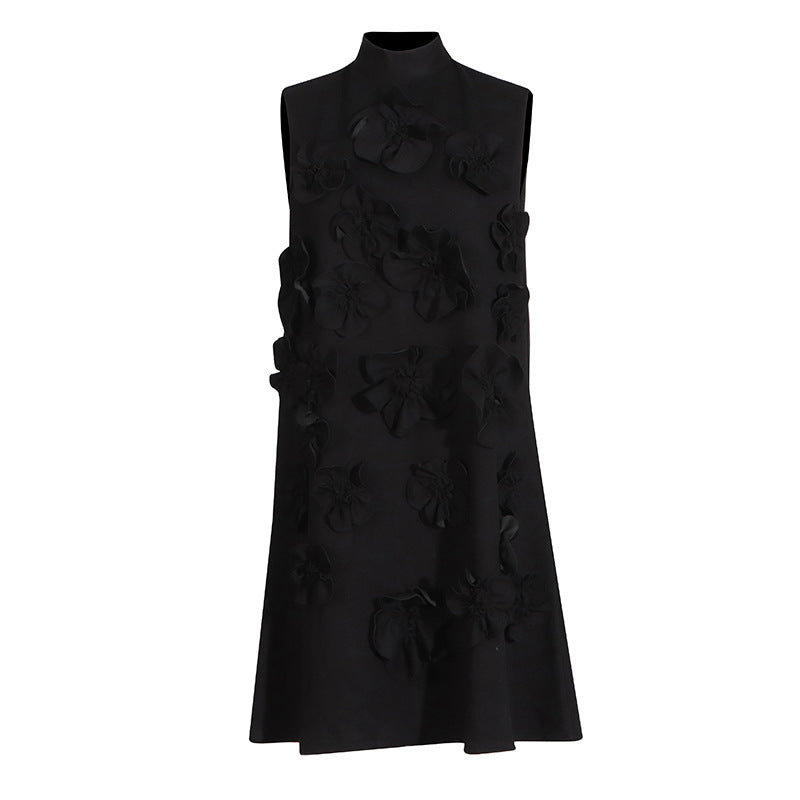 Retro Socialite sleeveless black dress with floral embellishments and elegant tie bow design
