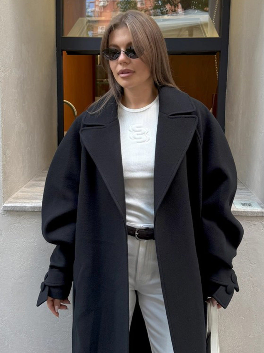 Langry fashion black oversized woolen coat with wide lapels and voluminous sleeves