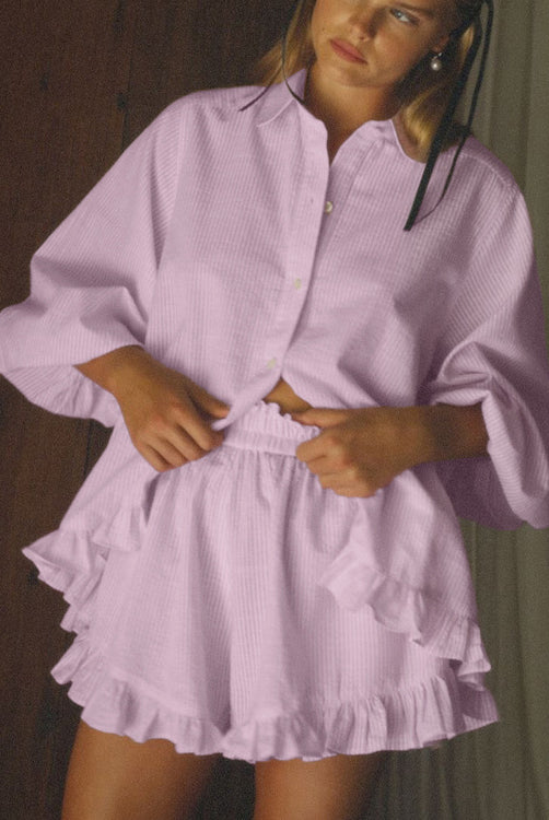 Elegant Puff Sleeve Ruffled Shirt Loose Shorts Two Piece Set