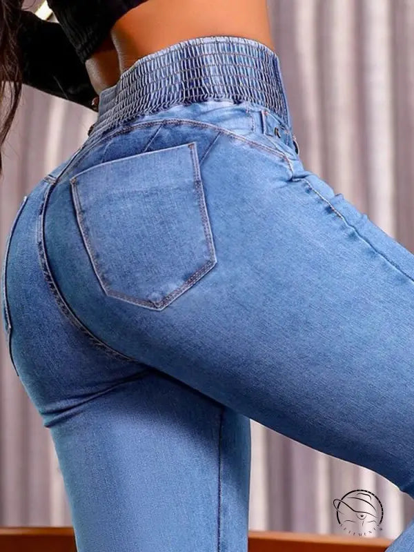 Light blue high-waisted beautiful stretch hip lifting denim trousers