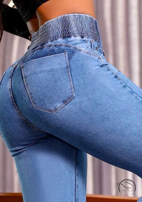 Light blue high-waisted beautiful stretch hip lifting denim trousers