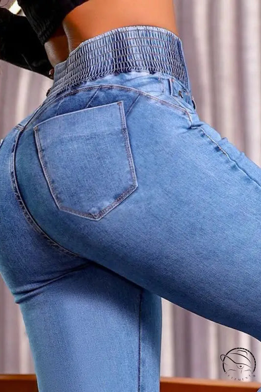 Light blue high-waisted beautiful stretch hip lifting denim trousers