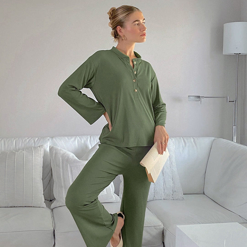Woman in olive green knitted stripe comfortable home wear outfit for relaxed lounging