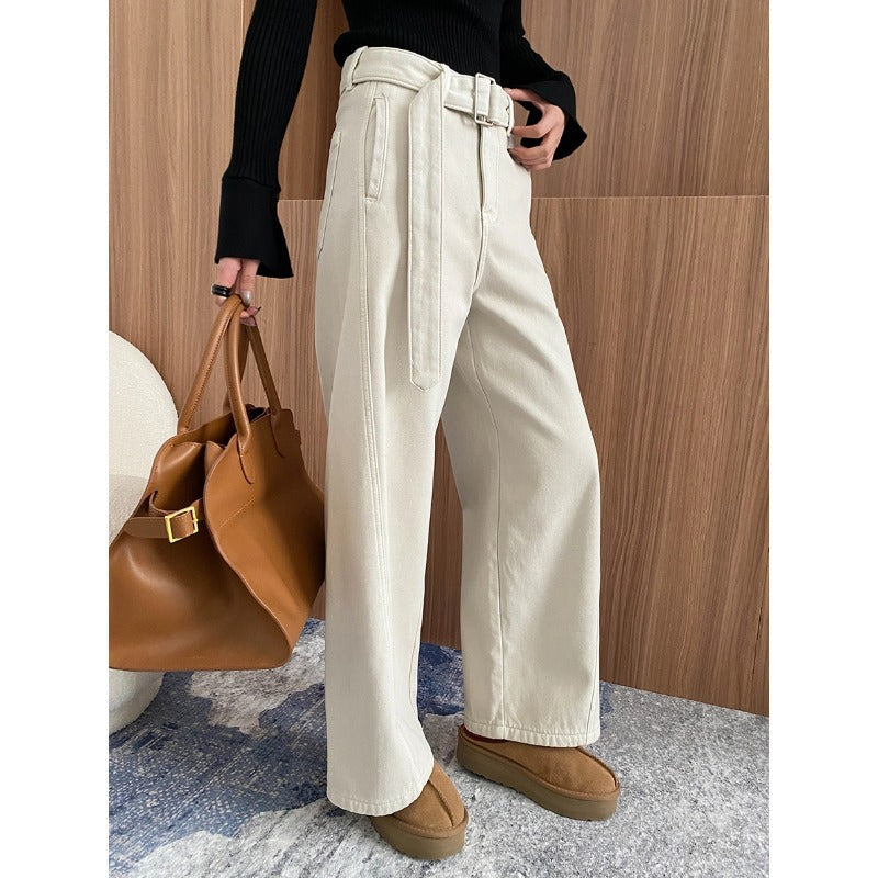 Cream-colored wide-leg pants with belted waist from Street Design for stylish fashion ملابس