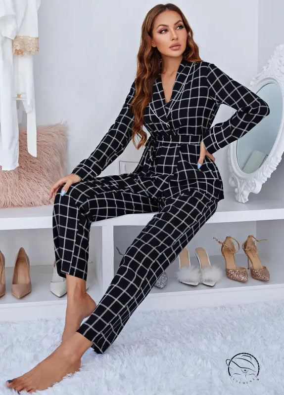 Black and white checkered long sleeve belted jumpsuit in Comfy Plaid fashion